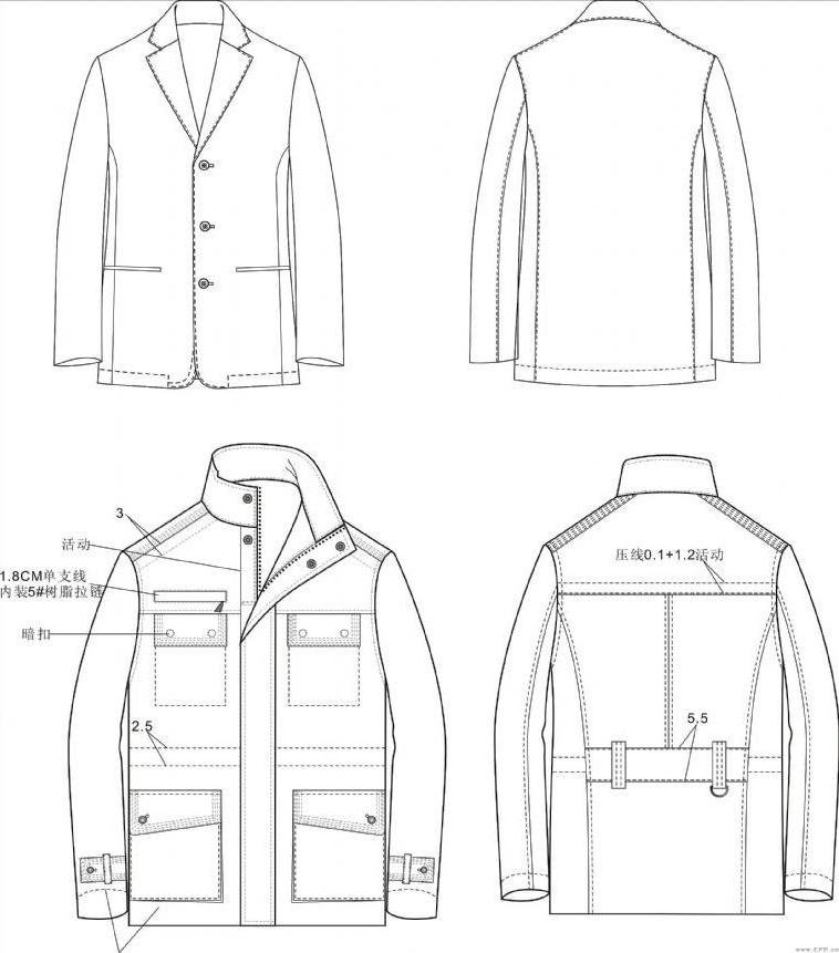 长外套手绘服装款式图正反面