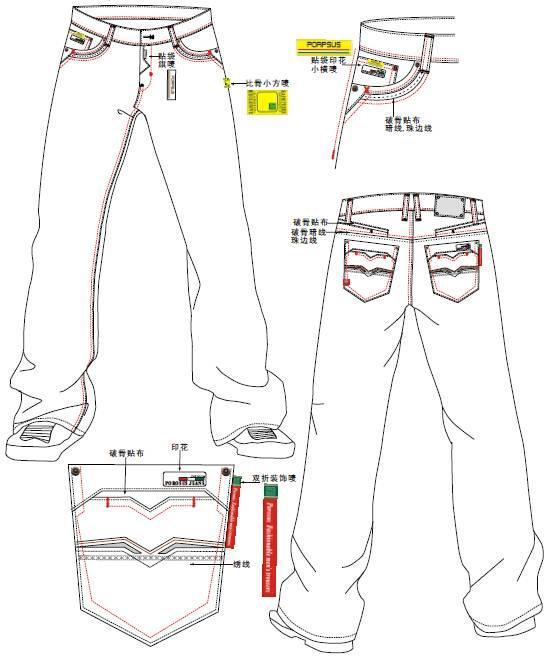 男装牛仔裤款式图工艺